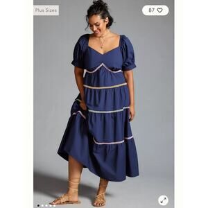 ENGLISH FACTORY Color Black Trim Navy Midi Dress Lined 100% Cotton Size 1X